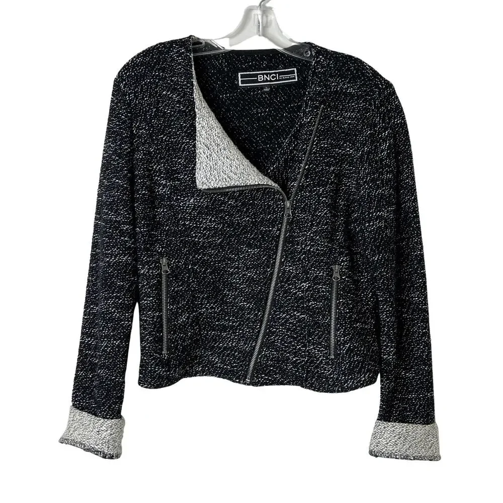 BNCI by Blanc Noir Long Sleeve Moto Style Sweater Jacket Black Cream Women Large
